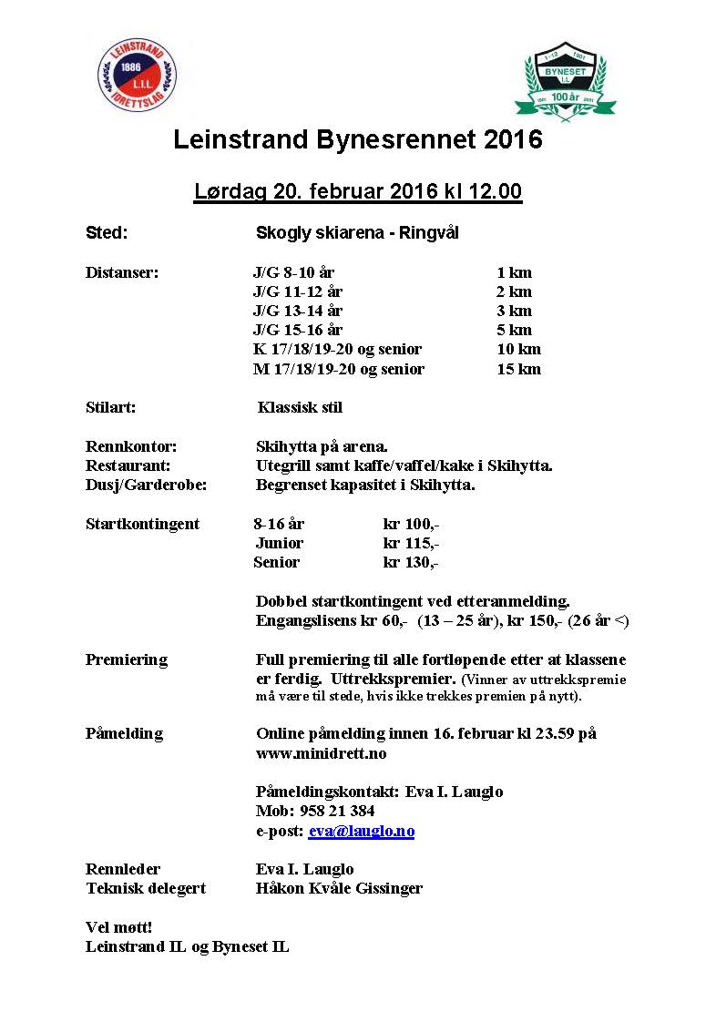 Invitasjon til Leinstrand-Bynesrennet lørdag 20. februar