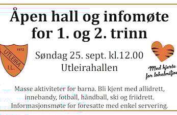 Velkommen til åpen hall og infomøte for 1. og 2. trinn søndag 25. sept kl. 12.00