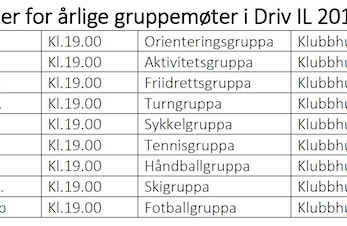 Datoer årlige møter og årsmøte i Driv IL