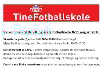 Velkommen til Driv IL og årets forballskole 8.-11. august 2016
