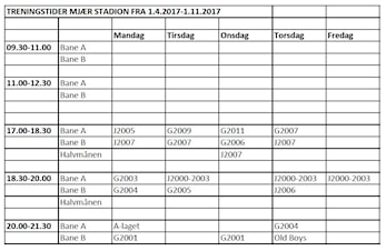 Treningstider 1. april  - 1. november 2017
