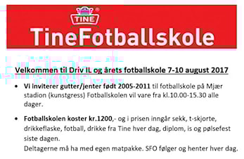 Driv IL Fotball, Tine Fotballskole 7. - 10. august 2017, påmeldingen er åpen nå