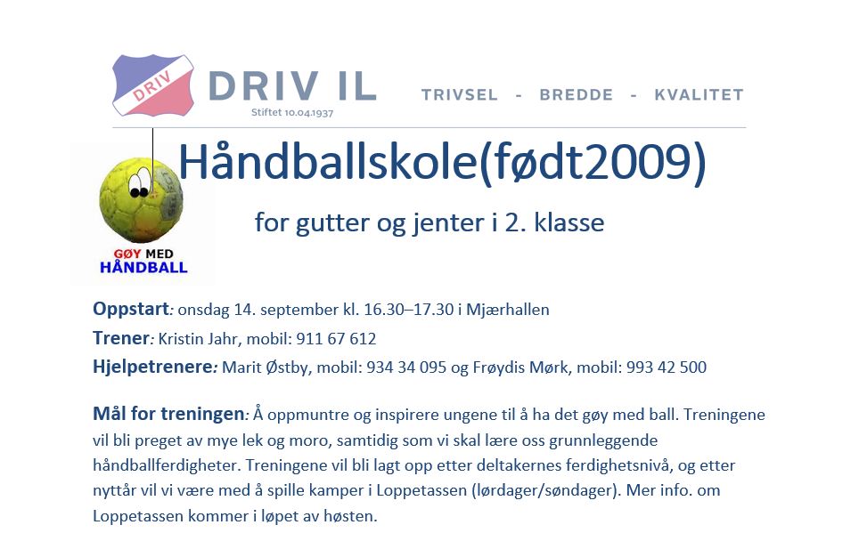 Oppstart håndballskole 14. sept for alle født 2009