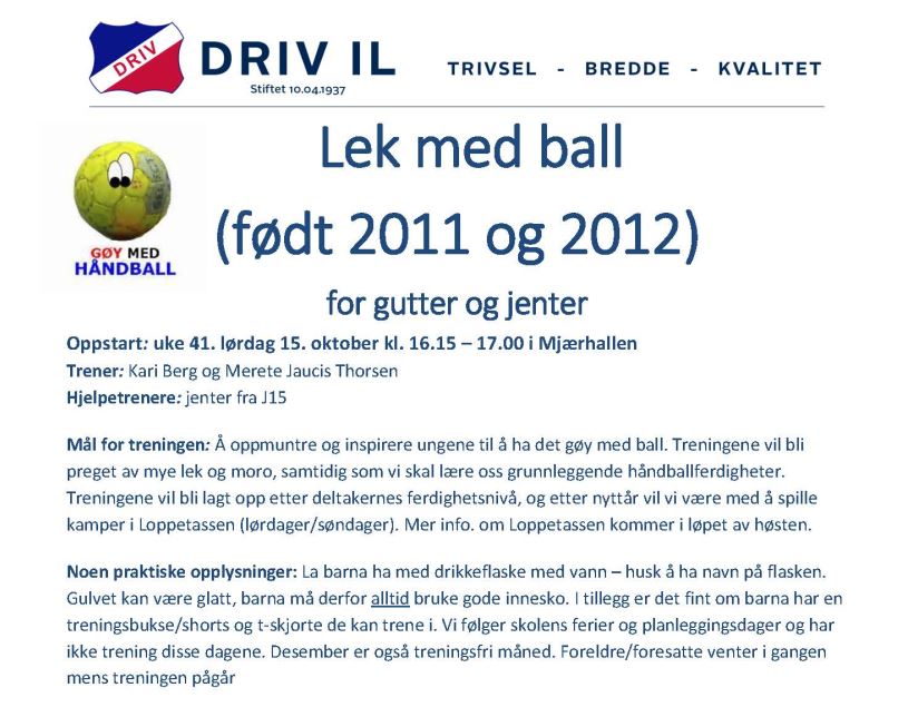 Oppstart lek med ball 15. oktober for alle født 2011 og 2012