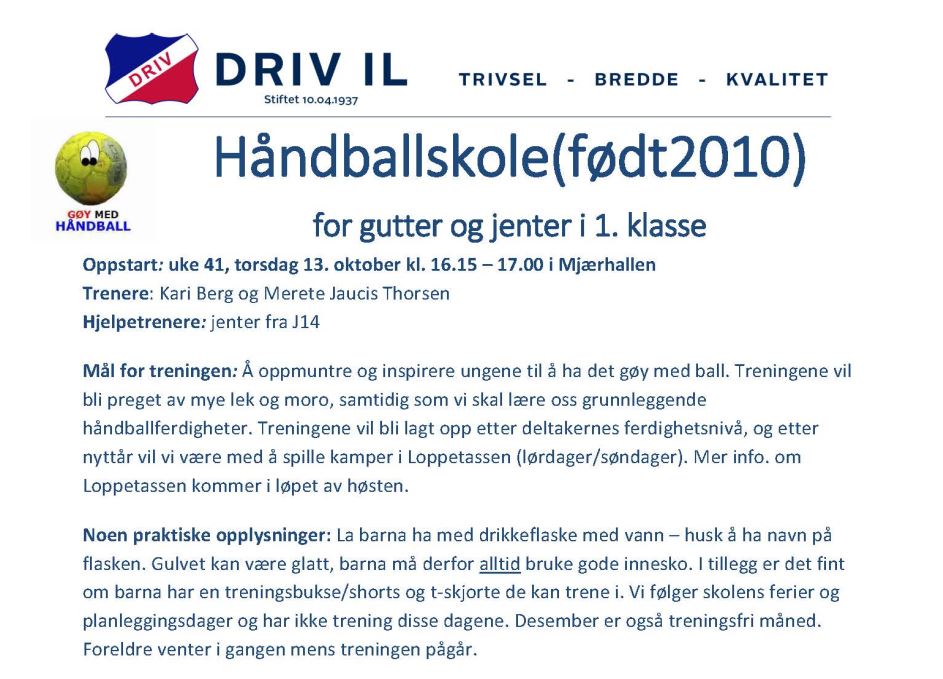 Oppstart håndballskole 13. oktober for alle født 2010