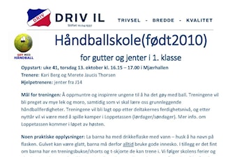 Oppstart håndballskole 13. oktober for alle født 2010