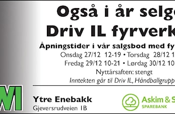 Driv IL Håndball selger også i år fyrverkeri ved Kiwi Ytre Enebakk. Salget åpner onsdag 27.desember klokka 12.00