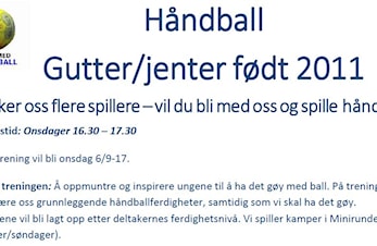 Gutter og jenter født 2011 - bli med oss på Håndballtrening