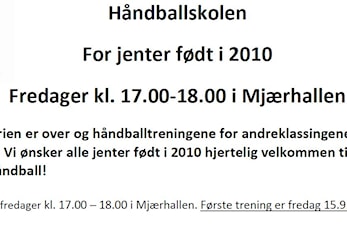 Jenter født 2010 - bli med på håndballskolen vår.