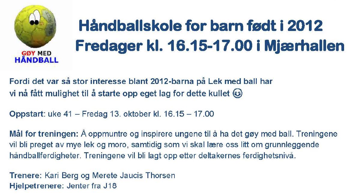 Oppstart håndball for barn født 2012