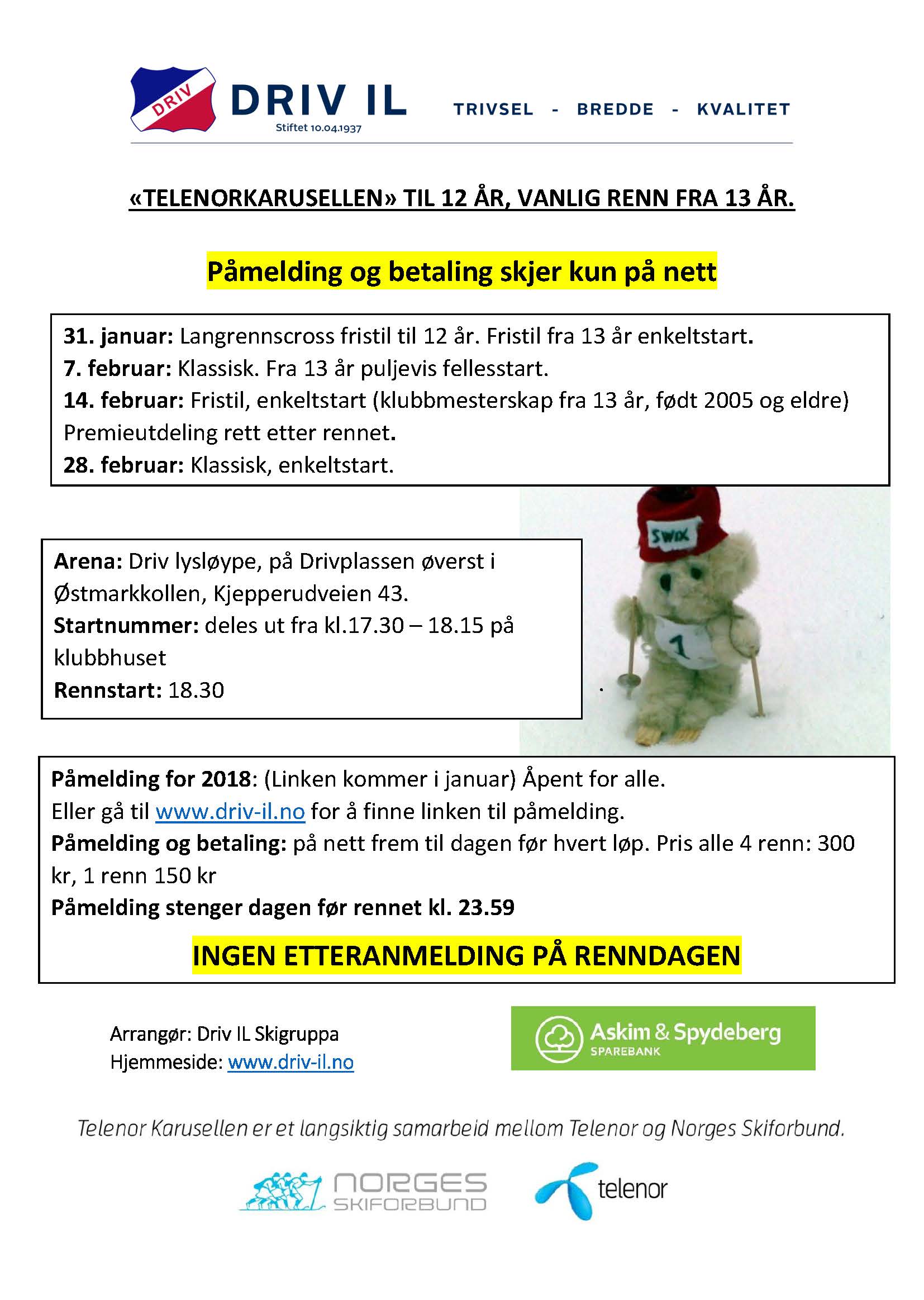 Skigruppa arrangerer skikarusell med første renn 31. januar 2018