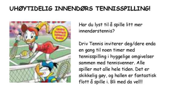 Innendørs tennisspilling lørdag 25.2 17, påmelding nå
