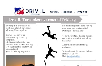 Driv IL Turn søker ny trener til Trickinga fra høsten 2017