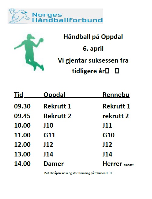 Håndballfest i Oppdal Idrettshall lørdag 6. april!