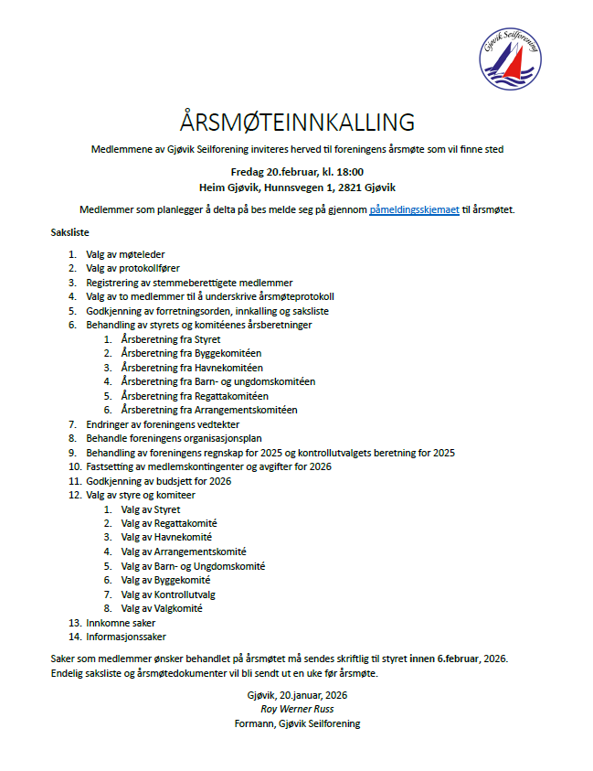 Image for Innkalling til årsmøte i Gjøvik Seilforening