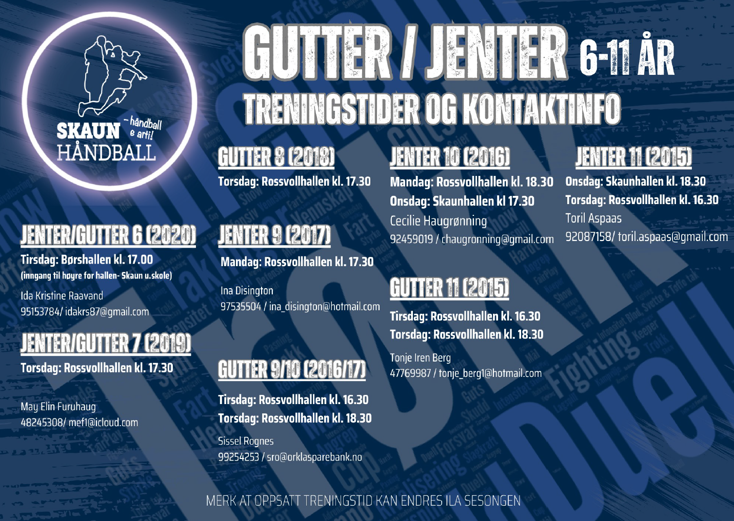Image for Treningstider og kontaktinformasjon alle lag