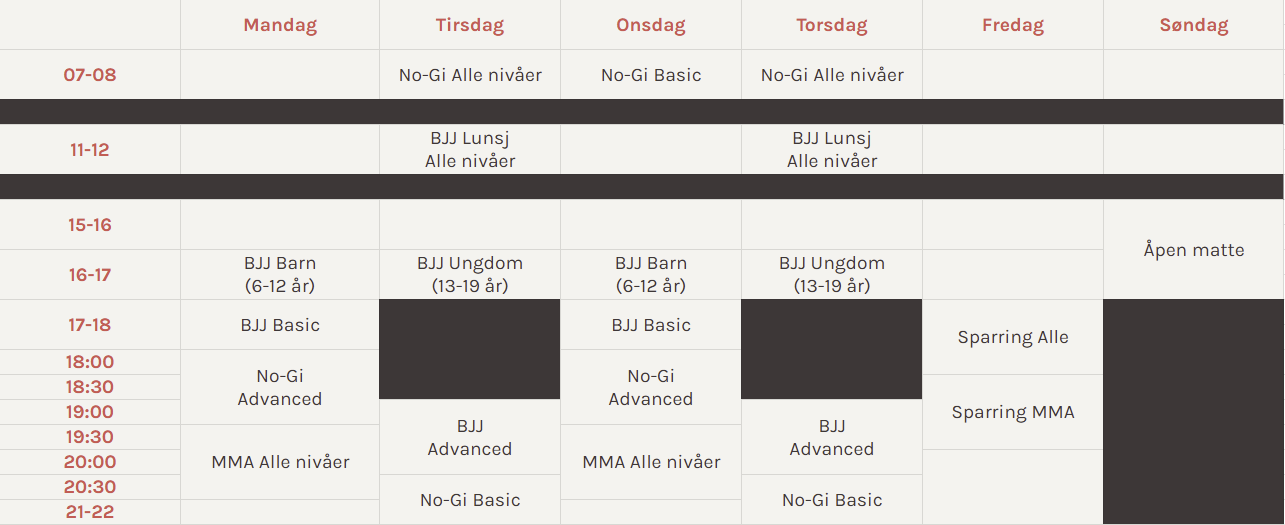 Ukentlig timeplan på EJJ