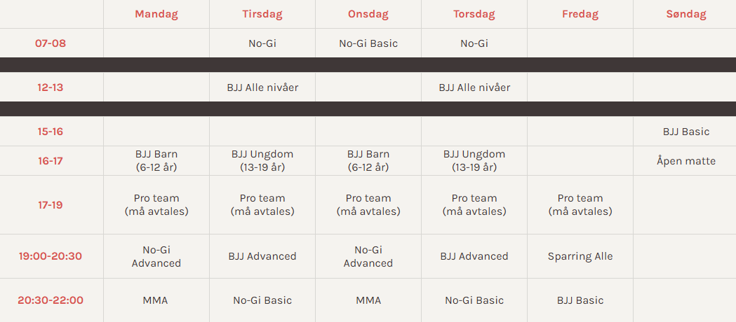 Ukentlig timeplan på EJJ
