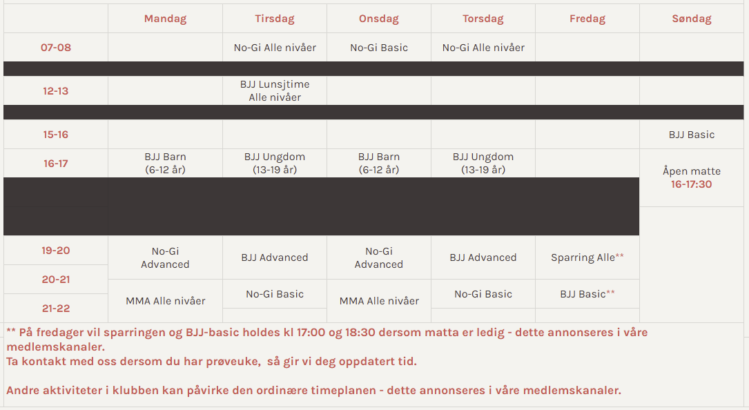 Ukentlig timeplan på EJJ