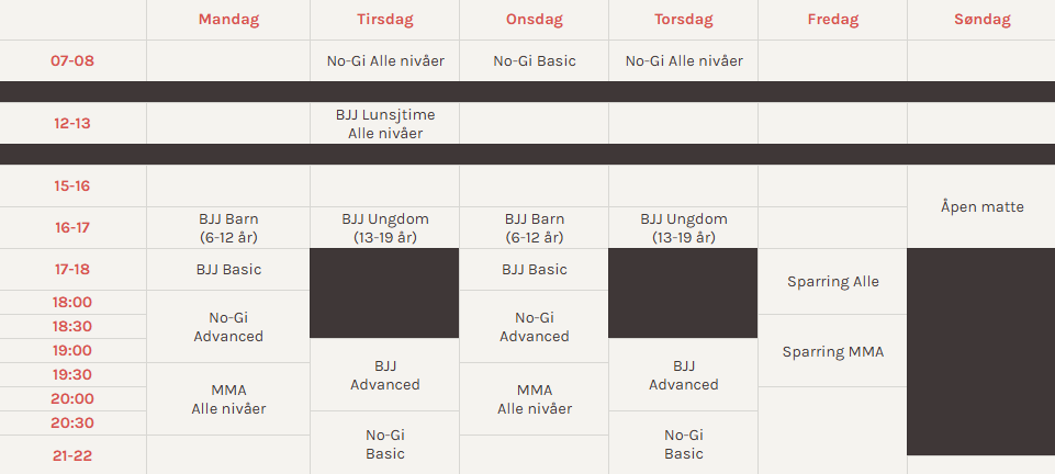Ukentlig timeplan på EJJ