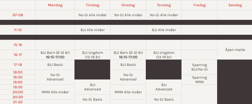 Ukentlig timeplan på Close Combat EJJ