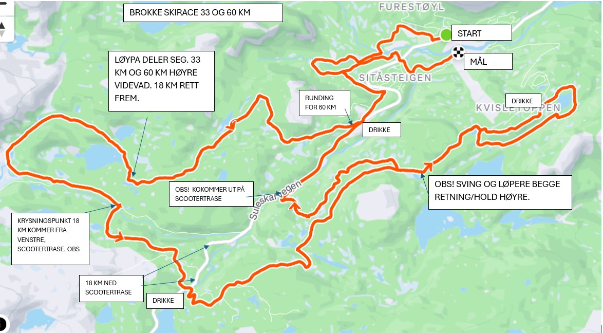 Oversiktskart Brokke Skirace 33 km og 60 km