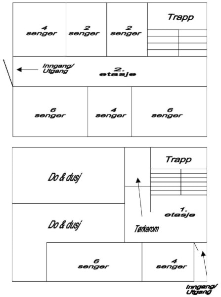 Plantegning av 1. og 2. etasje i Gautebu