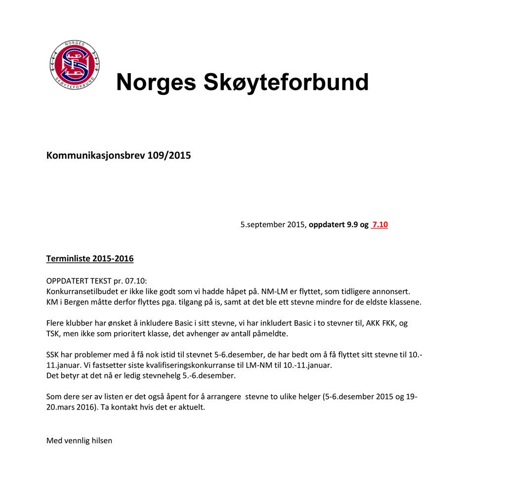 Oppdatert terminliste